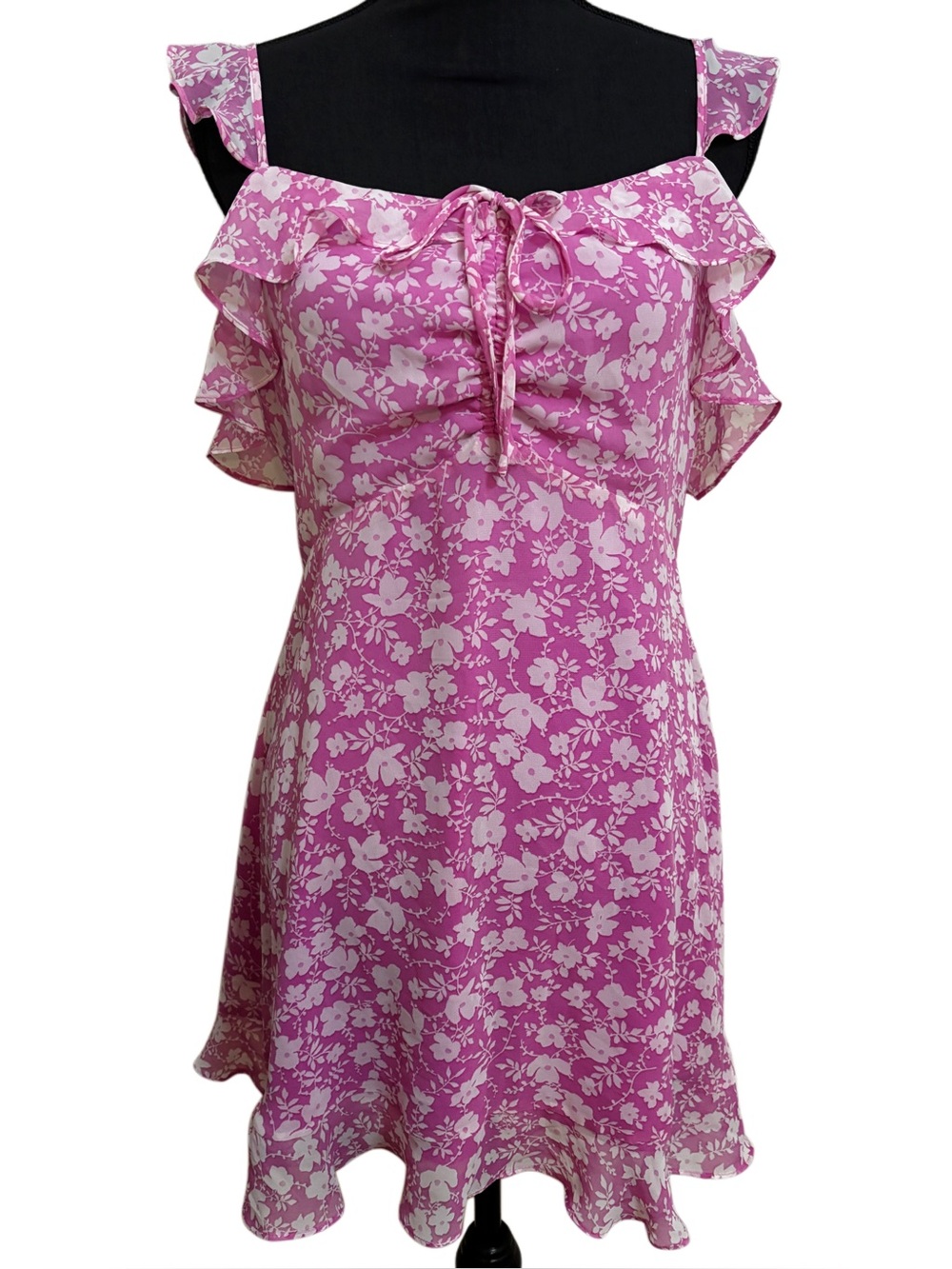 Lulu’s Livi Dress - Pink & White Floral Ruffle Mini Summer Dress - Size Large